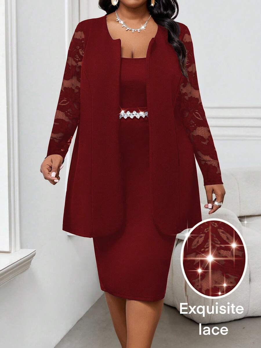 SHEIN Lady 春夏休闲优雅波西米亚风V领黑白长款复古印花长衬衫加大码直筒阔腿裤加大码两件套 - 酒紅色 - 查看 1