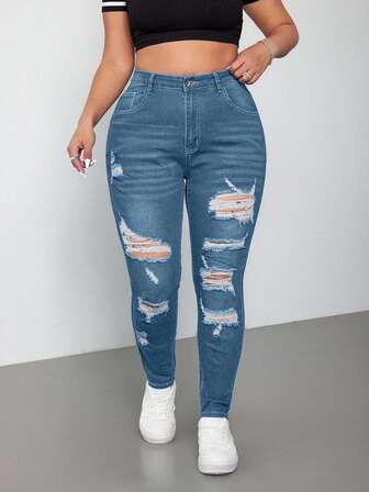 Plus Size Medium Wash Blue High Stretch Skinny Distressed Sexy Jeans