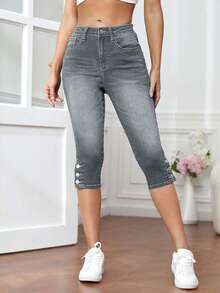 EURMUSE 女士时尚休闲口袋牛仔七分裤 - 灰色 - 查看 4