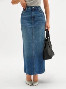 CLARA VERO Women's Pocketed Straight Loose Casual Long Denim Skirt - Dusty Blue - View 6