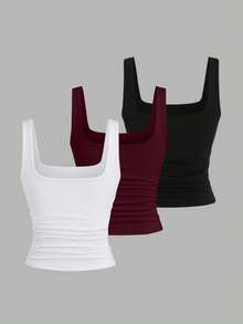 Sweetra Women's Solid Color Square Neck Pleated Fitted Casual Tank Top - Multicolor - View 2