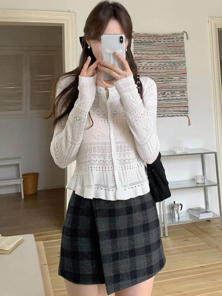 Solid Color Fitted Hollow Floral Lace Long Sleeve Round Neck Casual Knit Cardigan For Women, Lightweight, Autumn