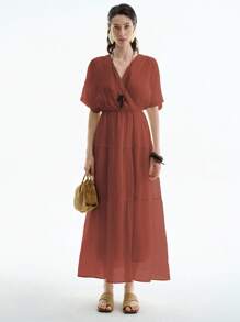 Aalyst 女式优雅轻盈奢华休闲度假通勤舒适纯色天丝半透明面料交叉领口落肩袖松紧腰带侧袋长裙，春夏 - 鏽棕色 - 查看 4