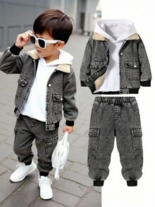 SHEIN 两件套男童做旧加厚抓绒领棒球夹克和休闲工装裤套装，适合居家、外出、街头摄影，休闲韩版风格 - 彩色 - 查看 6