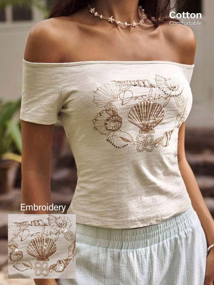 Easelle Áo thun hở vai thêu dành cho nữ - Màu be - Xem 1