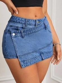 SHEIN ICON 女士时尚不对称设计牛仔短裙 - 中等水洗藍 - 查看 6