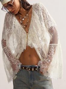 Bohemela Áo cánh tay dài cổ chữ V ren dệt kim màu trơn đơn giản cho nữ - Màu be - Xem 5