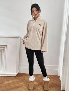 SHEIN 2 件套女士休闲卡其色纯色长袖运动衫和黑色裤子套装 - 卡其色 - 查看 6
