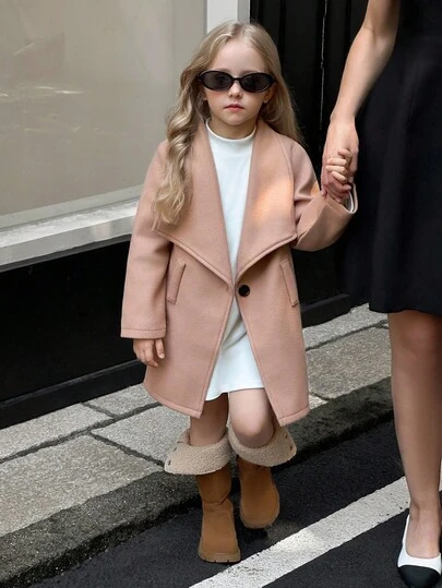 Elladie kids 2 件女童卡其色大衣套装 - 搭配白色高领毛衣，简约设计，温暖舒适，适合秋冬季