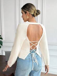 SHEIN Frenchy Autumn Fashionable Elegant Backless Lace-Up Pullover Sweater,Off-White Solid Color Warm Long Sleeve Top For Women Casual Brunch Wear - Apricot - View 2