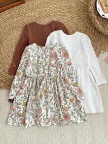 LMoss Kids Bộ 3 váy cổ tròn dệt kim họa tiết hoa cho bé gái - Nhiều màu - Xem 2