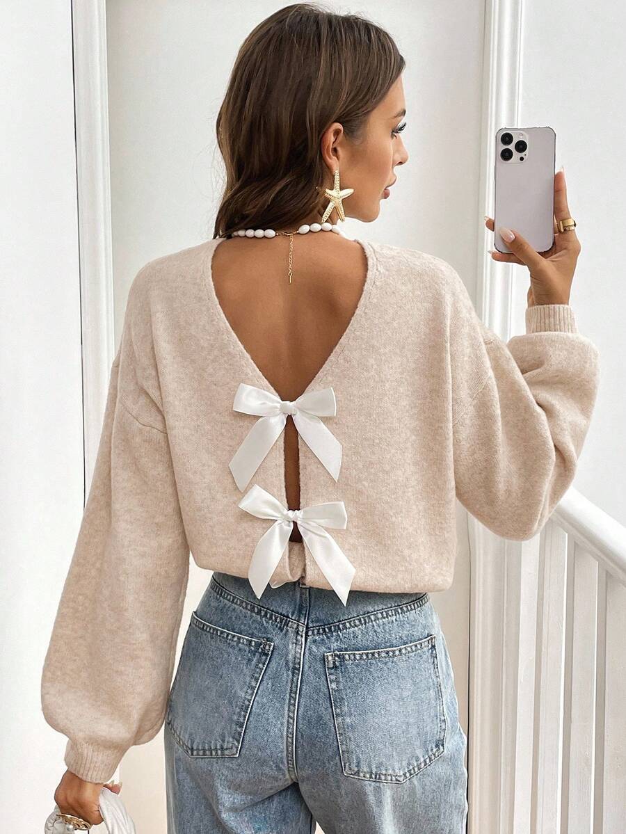 Serisse Women's Solid Color Bow Decor Long Sleeve Sweater Autumn Winter Clothes For Women Casual Spring - Beige - View 1
