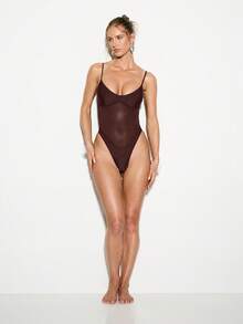 KIZN High Cut Brazilian One Piece Swimsuit With Mesh Panel Detail Beachwear High Leg Cut Bathing Suit Perfect For Beach Pool Summer Vacation - Brown - View 3