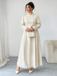 SHEIN Elenzya 加大码清爽梭织面料高领长袖不对称弧形开口金色纽扣装饰收腰 A 字下摆荷叶边修身衬衫 + 收腰伞形下摆荷叶边裙，优雅适合外出、通勤、聚会、约会，2 件套秋季女士服装 - 杏色 - 查看 4