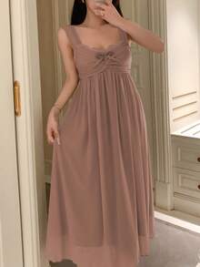 DAZY Romantic Mesh Knit Fabric Ruched Design Lace Patchwork Slip Dress For Women Pajama - Brown - View 6