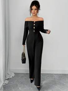 Modelyn 1 pieza Mono de manga larga con volantes y hebilla metálica off-shoulder para mujer - Negro - Ver 6