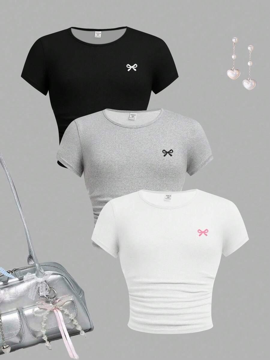 SHEIN Girlism 3 件套 Tween 女童修身休闲纯色蝴蝶装饰圆领褶饰短袖 T 恤，黑色/白色/灰色