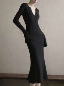 INAWLY Damen Mode Lässig Retro Elegant Romantisch Langes Kleid, geeignet für den Urlaub - Schwarz - Übersicht 2