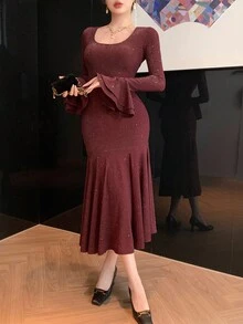 DAZY Women's Square Neck Flare Sleeve Glitter Fish Tail Hem Elegant Mid-Length Dress Red Women Dresses Prom Dress