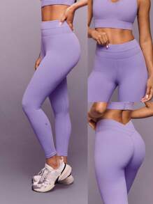 GLOWMODE Mallas de compresión con espalda cruzada suave y elástica FeatherFit™-Sculpt Power Form de 24", para entrenamiento de alto impacto, running, entrenamiento, gimnasio, estudio y uso diario activo - Lila Púrpura - Ver 6