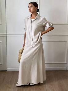 Livesso 女式全白衬衫上衣和宽松短裙两件套 - 杏色 - 查看 1