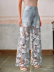 Anewsta Women's Fashion Lace Rhinestone Straight Leg Pants