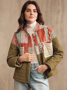 Anewsta 女士秋冬时尚印花拼布夹棉军绿色长袖夹棉大衣 - 軍綠色 - 查看 7