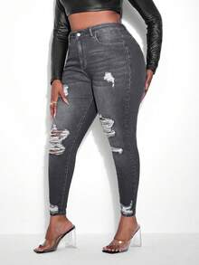 SHEIN Cottnline Plus Size Women High Waist Pockets Distressed Skinny Casual Versatile Jeans - Grey - View 5