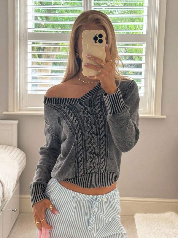 CovetEZ Casual Fashion Versatile V-Neck Long Sleeve Pullover Sweater For Women