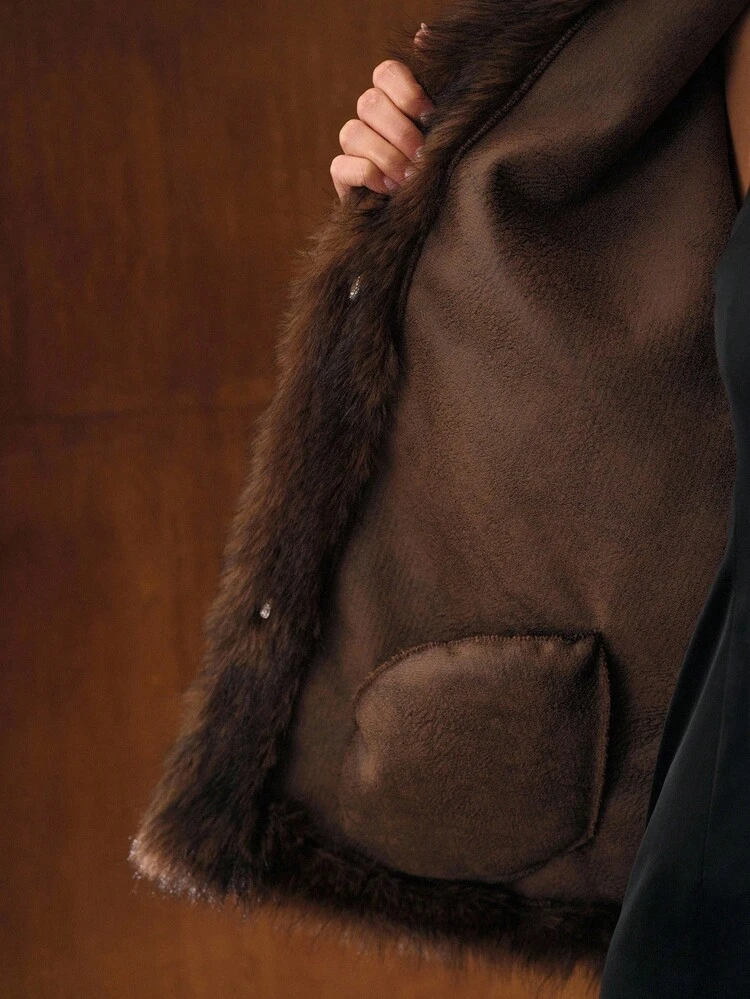 FAUX FUR SOLID COLLAR COAT , FALL WINTER