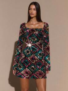 SHEIN BAE 纯黑色性感方领长袖露背简约优雅亮片迷你连衣裙、小黑裙、鸡尾酒会、亮片黑色连衣裙、露背连衣裙、派对、万圣节、优雅连衣裙 - 黑色 - 查看 6