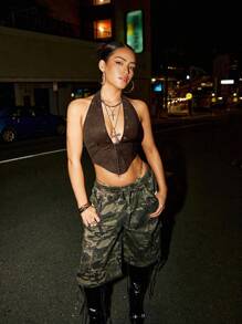 SHEIN ICON Sexy PU Leather Lace-Up Backless Halter Top, Summer Brown Top