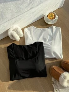 SHEIN EZwear 大码女式纯色加厚修身弹力T恤，初秋 - 彩色 - 查看 4