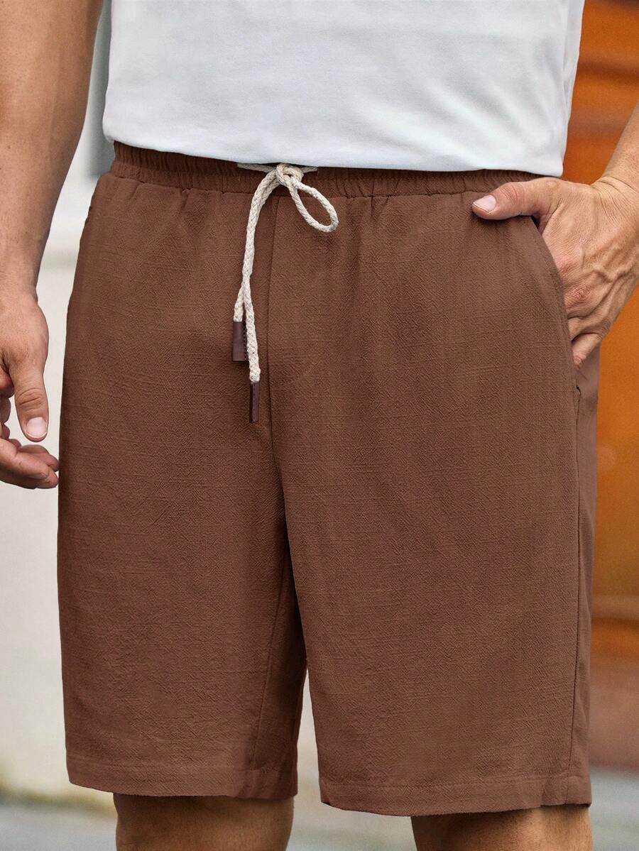 Manfinity NXTstreet 男士休闲梭织中腰抽绳直筒短裤，适合日常穿着男士棕色短裤男士亚麻短裤男士抽绳短裤棕色卡普里短裤男士棕褐色男士短裤 - 棕色 - 查看 1