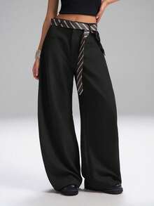 LYSMO 2025 女士休闲黑色宽松喇叭裤配条纹腰带