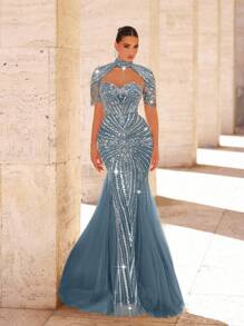 Glamrae 优雅奢华串珠亮片网眼美人鱼连衣裙，流苏袖设计，适合婚礼、派对、度假、庆典、晚会正式穿着（重度装饰）