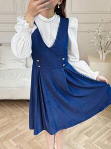 2 peças/Conjunto Roupa para Adolescentes Meninas, Top Branca de Manga Curta com Decoração de Laço + Vestido Azul de Decote em V com Cintura Marcada e Sem Manga, Elegante para Uso Diário e Reuniões, Conjunto Versátil de Volta às Aulas