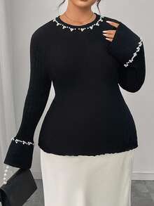 Modelyn Plus Size Women's Casual Fashionable Pearl Decor Long Sleeve Fitted Sweaters Fall Winter Cloth For Women Autumn - Black - View 2