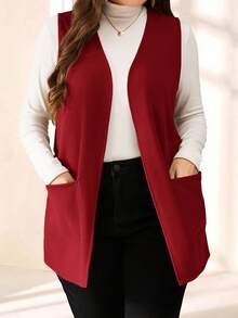 EMERY ROSE Plus Size Solid Color Sleeveless Loose Pocket Simple Casual Coat,Spring/Summer,Vacation / Vacation Autumn Winter - Red - View 4