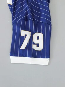 SHEIN Sparklyn Tween 女童休闲街头运动棒球夹克、冰球服、字母和数字印花 V 领 T 恤 - 藏蓝色 - 查看 6