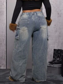 Jeanoix Plus Size Women's Fashionable Vintage Lace-Up Wide Leg Cargo Jeans Punk - Medium Wash - View 2