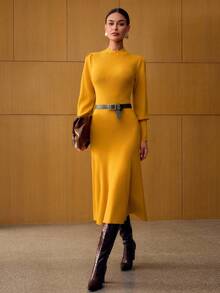 MOTF PREMIUM 罗纹针织A字形毛衣裙 - 芥末黃 - 查看 5