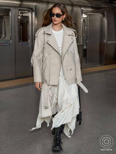 GENKIRA Nueva chaqueta de diseño con cremallera y cuello con flecos, chaqueta de motocicleta de PU de alta gama y moda casual para mujeres