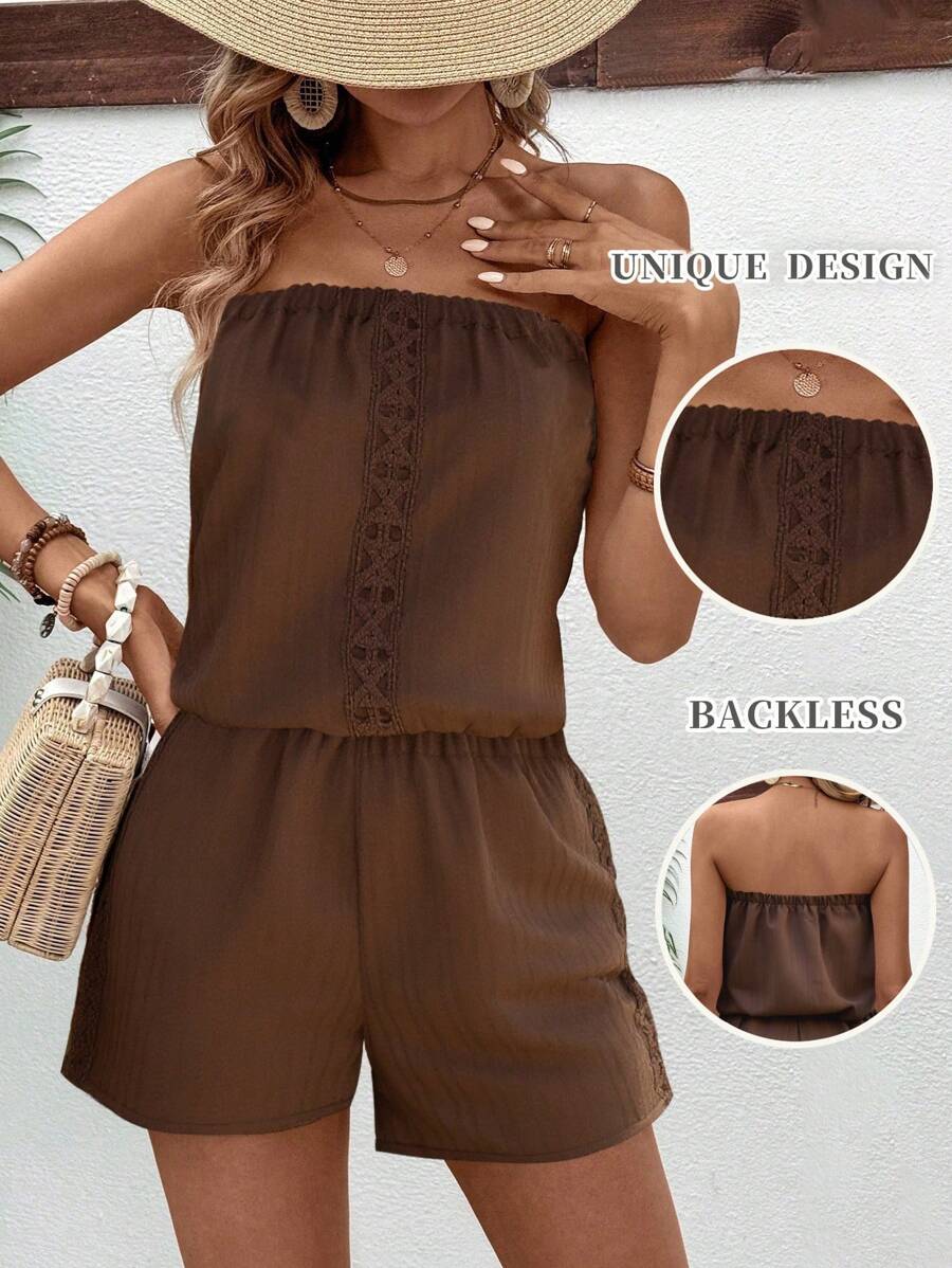 Breezaya 2pcs Vacation Casual Solid Color Bandeau Top And Shorts Set - Chocolate Brown - View 1