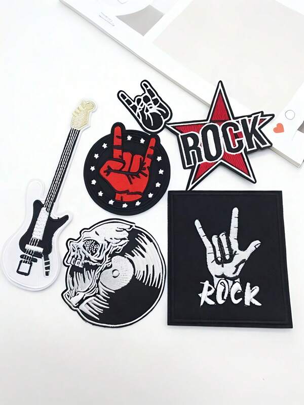 6 Peças Remendos Punk Rock&Roll em Roupas, Listras de Guitarra Ferro Sobre Remendos para Roupas DIY, Apliques Bordados de Música, Aplique para Decoração de Bolsas, Roupas e Chapéus