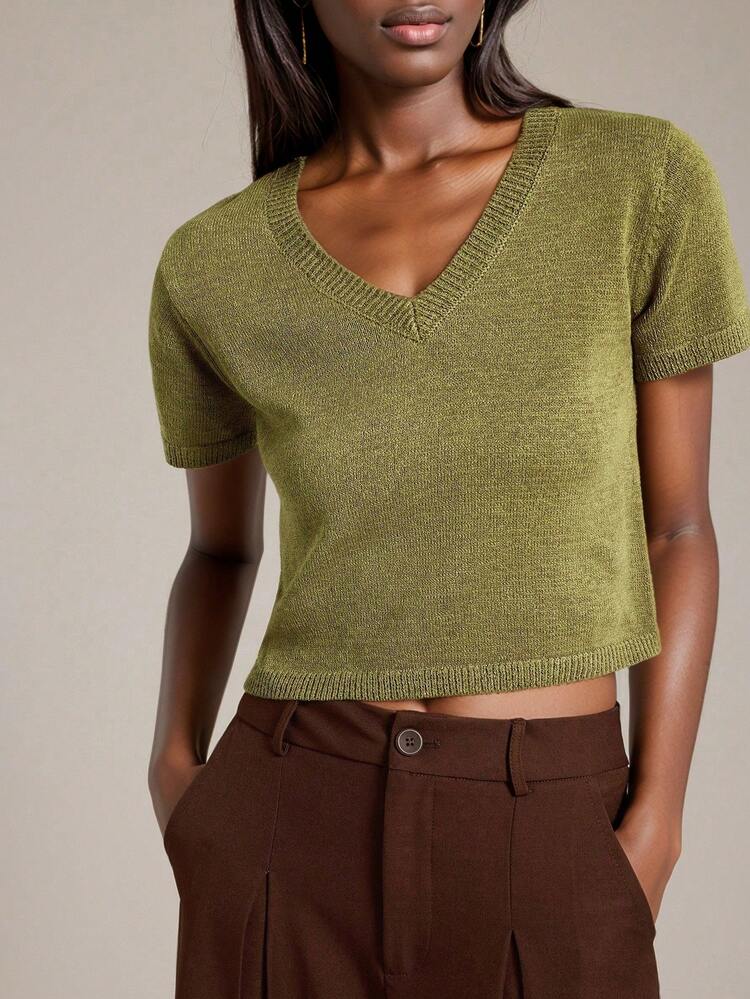 Women's Casual Solid Color Short Sleeve Sweater,Olive Green Autumn Casual Occasion Office Wear,Old Money Style High-End Urban Commuting Elegant Top