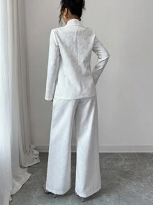 SHEIN Tall 女士优雅通勤白色提花面料缺口领双排扣装饰西装外套，长袖修身夹克+女士优雅通勤白色提花面料松紧腰长直筒裤 - 白色 - 查看 2