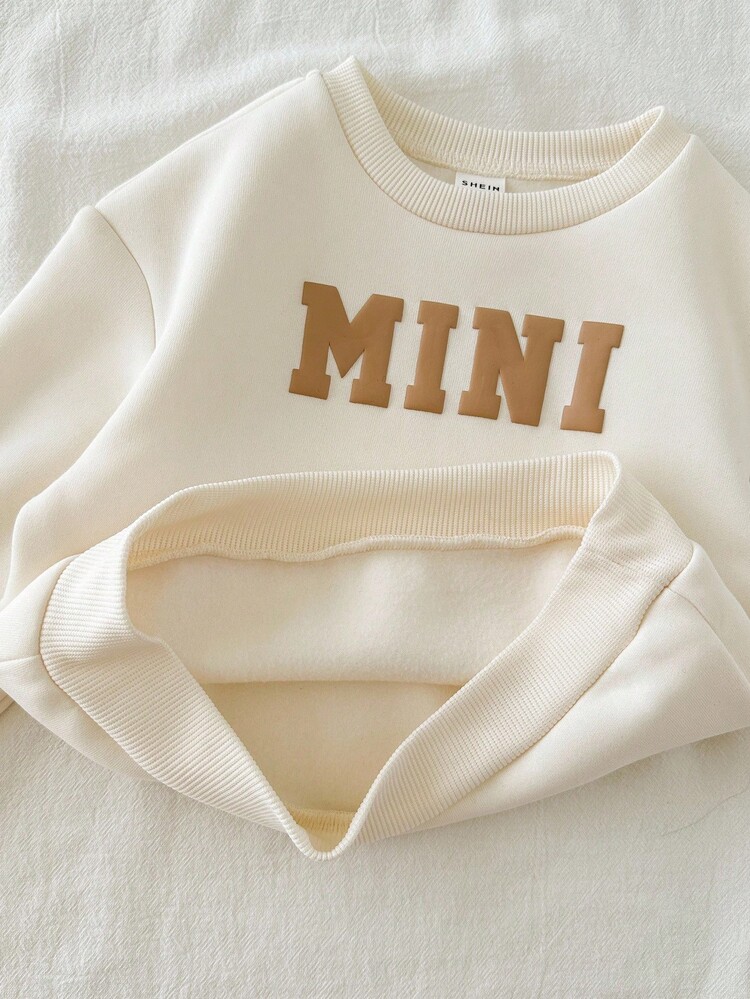 Loomiva 3件套女婴简约字母图案针织柔软圆领插肩袖套头衫套装 - 杏色 - 查看 4