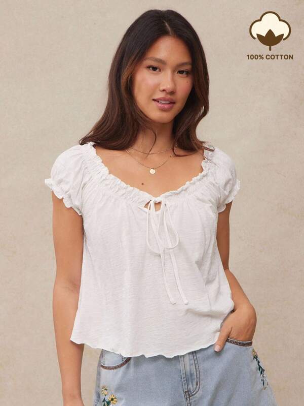 WESTFADE 100% Slub Knit Cotton V Neck Short Puff Sleeve Bow Tie Front Swing Top Cute Fall, Back To School, Autumn, Winter, Boho, Casual