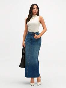 Váy midi denim dáng suông rộng rãi, thoải mái, có túi dành cho nữ, chân váy, váy ngắn - Xanh đậm - Xem 4